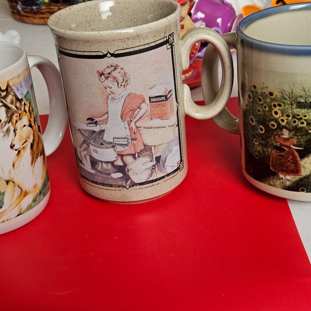 set of three high-end mugs, with beautiful graphics vintage nonsmoking house